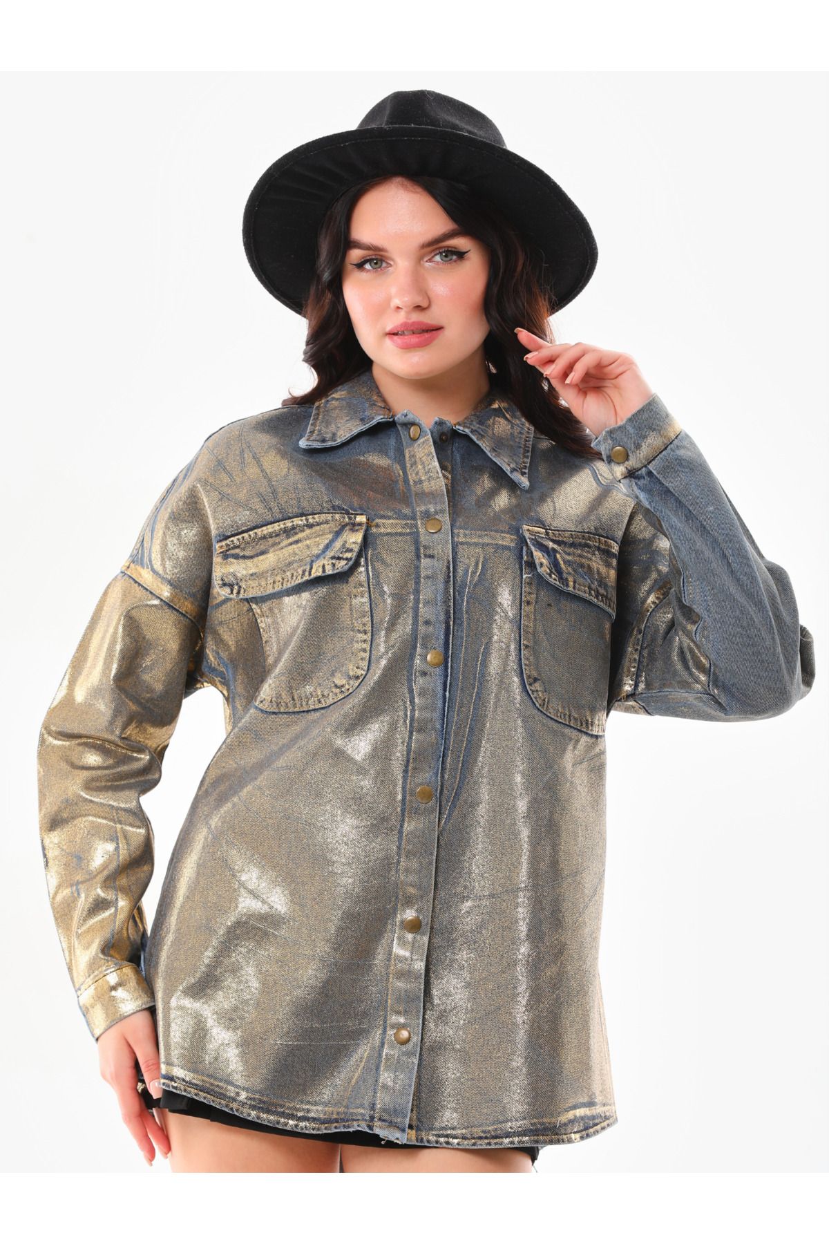 Gold Çift Cepli Varaklı Sarı Gömlek - 0333