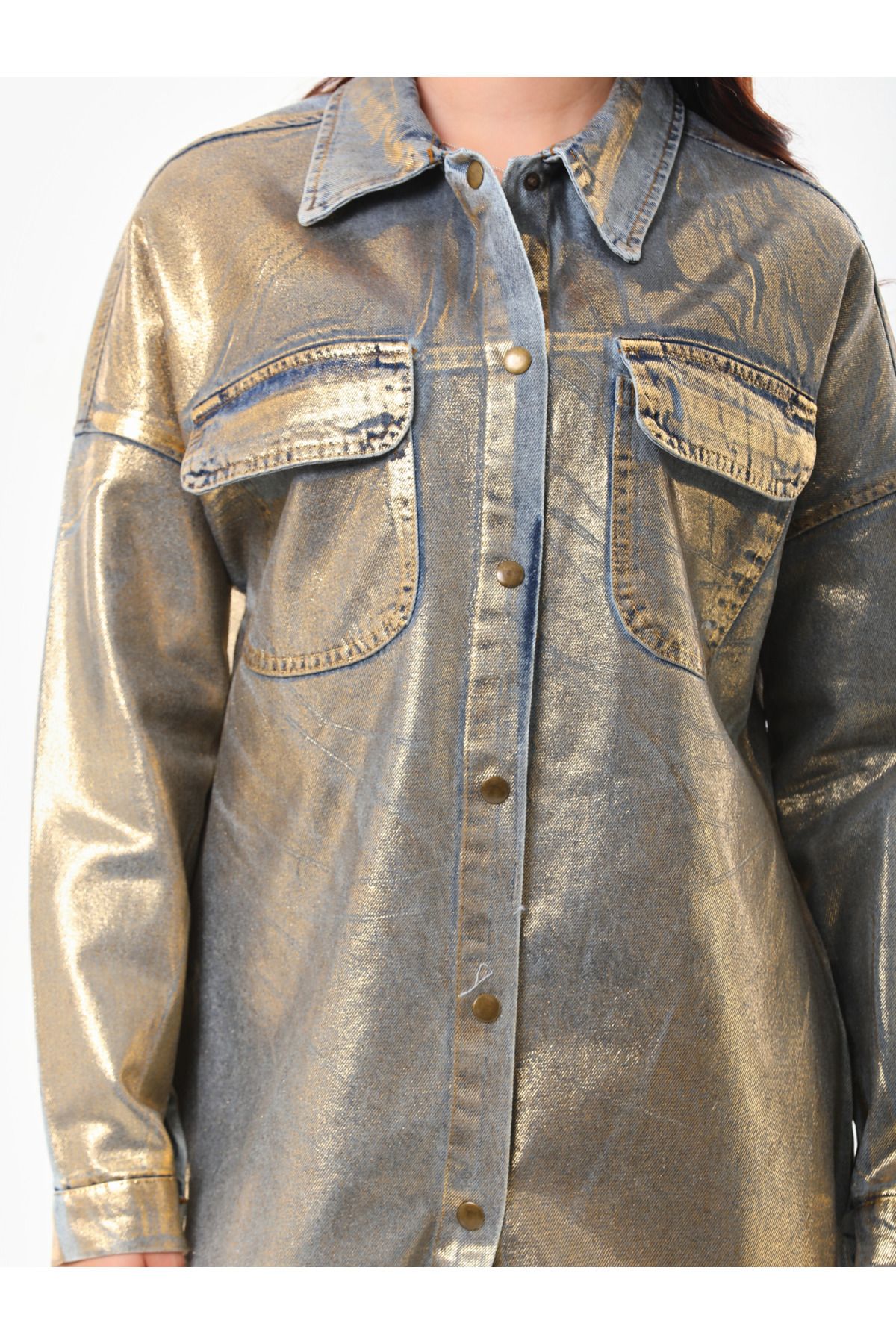 Gold Çift Cepli Varaklı Sarı Gömlek - 0333 - Görsel 3