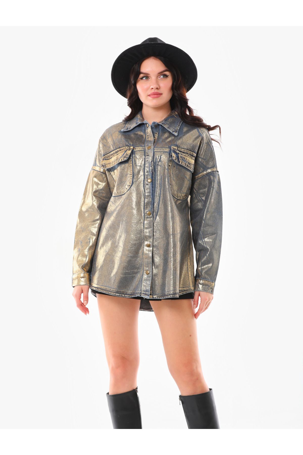 Gold Çift Cepli Varaklı Sarı Gömlek - 0333 - Görsel 4