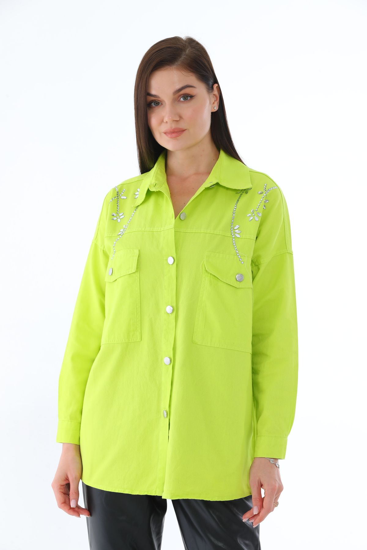 Taşlı Gümüş Düğmeli Iki Cepli Gömlek - 0247 - Görsel 10