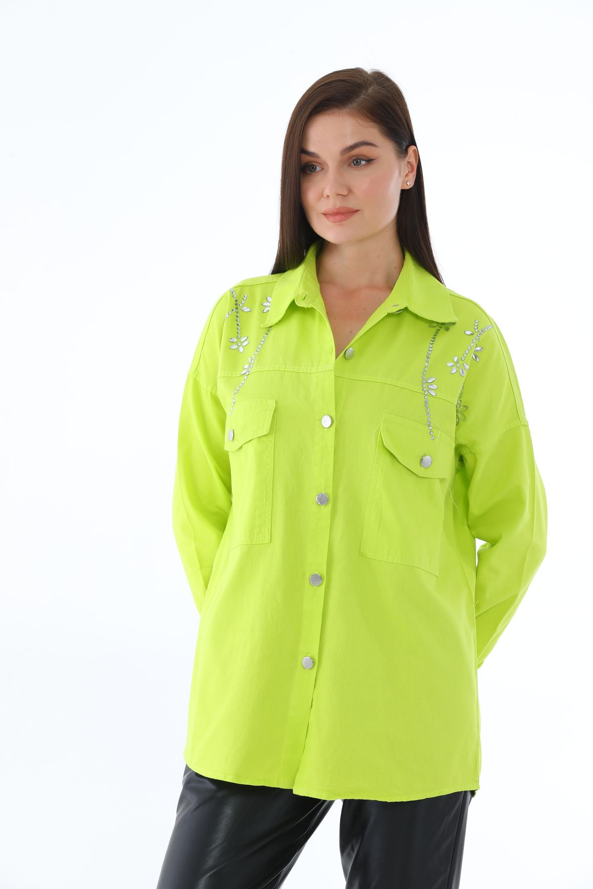 Taşlı Gümüş Düğmeli Iki Cepli Gömlek - 0247 - Görsel 11