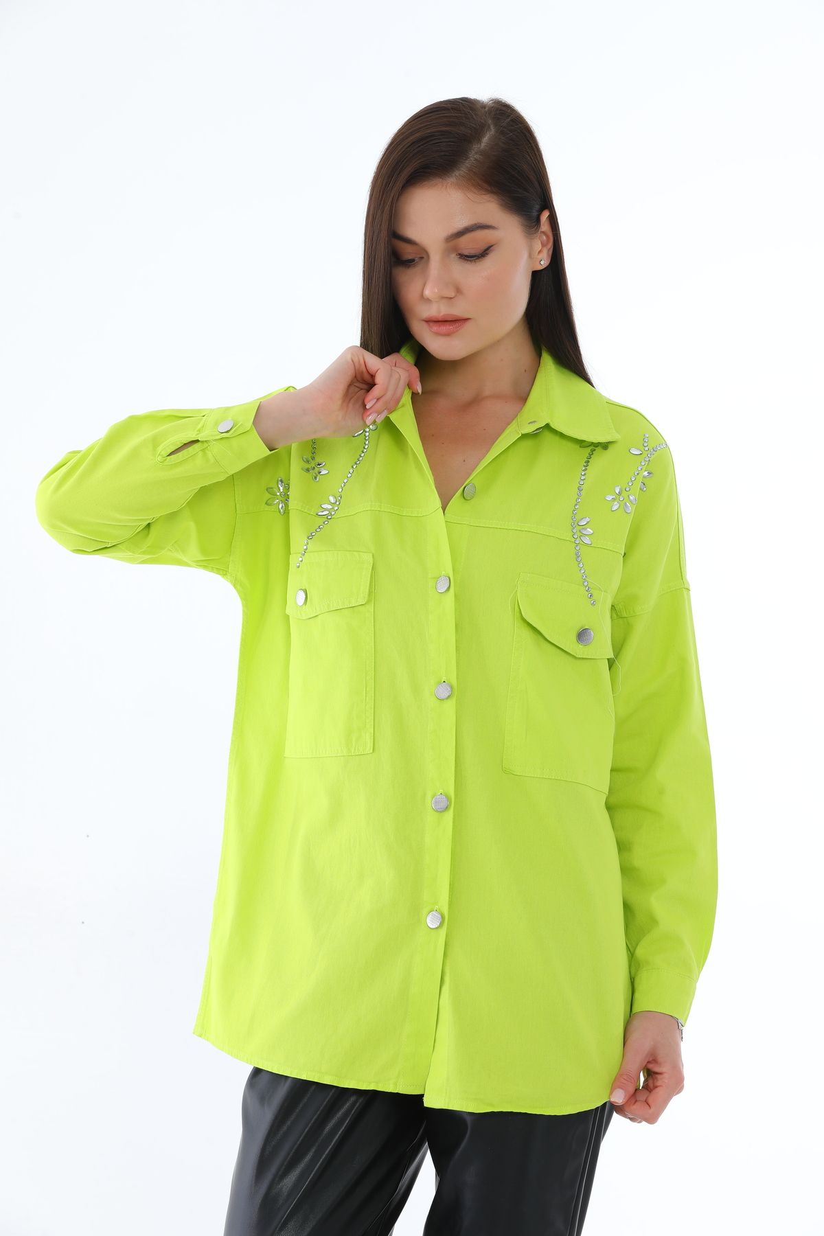 Taşlı Gümüş Düğmeli Iki Cepli Gömlek - 0247 - Görsel 12