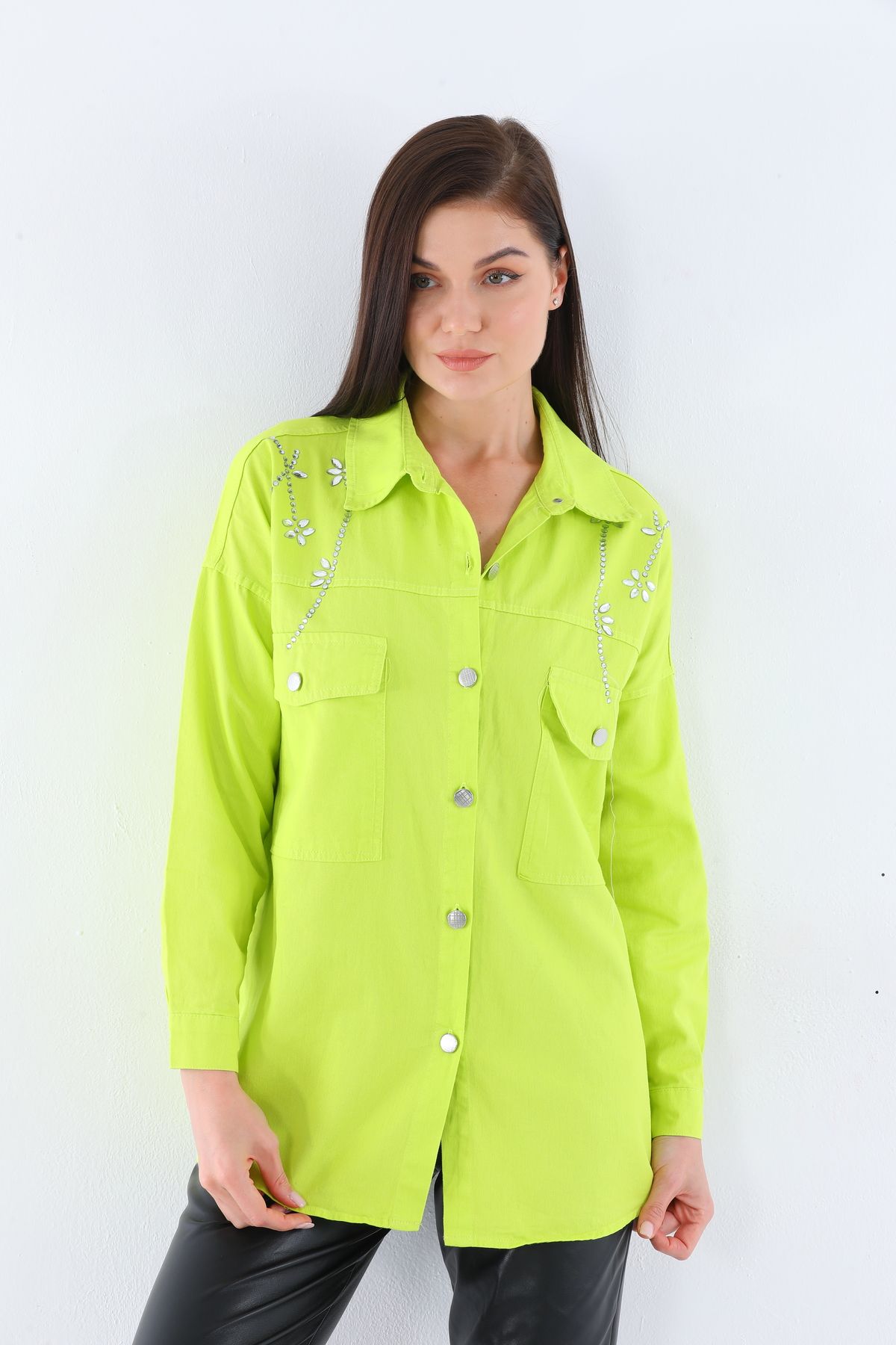 Taşlı Gümüş Düğmeli Iki Cepli Gömlek - 0247 - Görsel 14