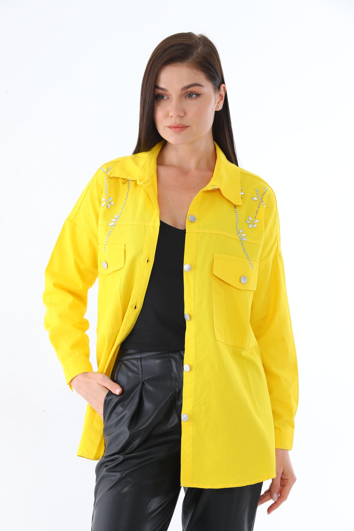 Taşlı Gümüş Düğmeli Iki Cepli Gömlek - 0247 - Görsel 16