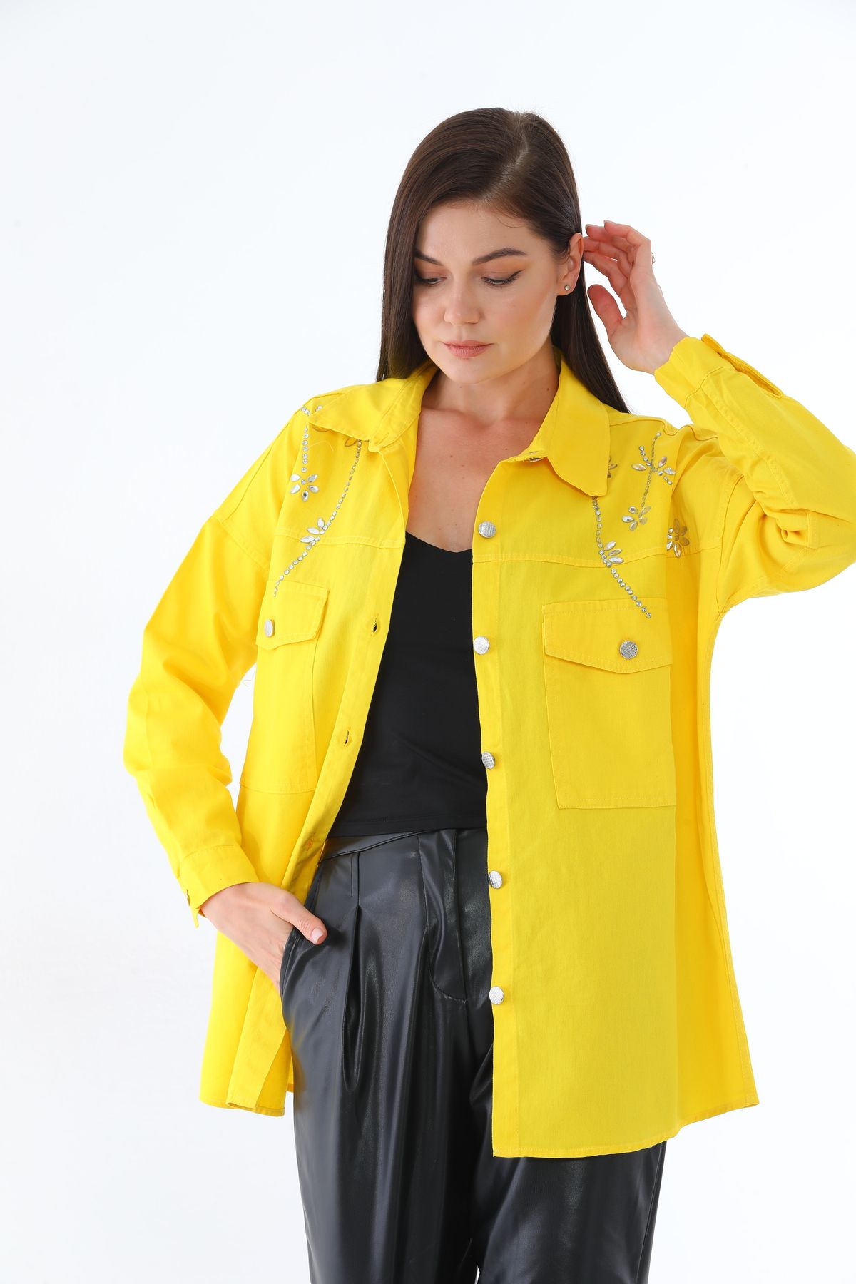 Taşlı Gümüş Düğmeli Iki Cepli Gömlek - 0247 - Görsel 17