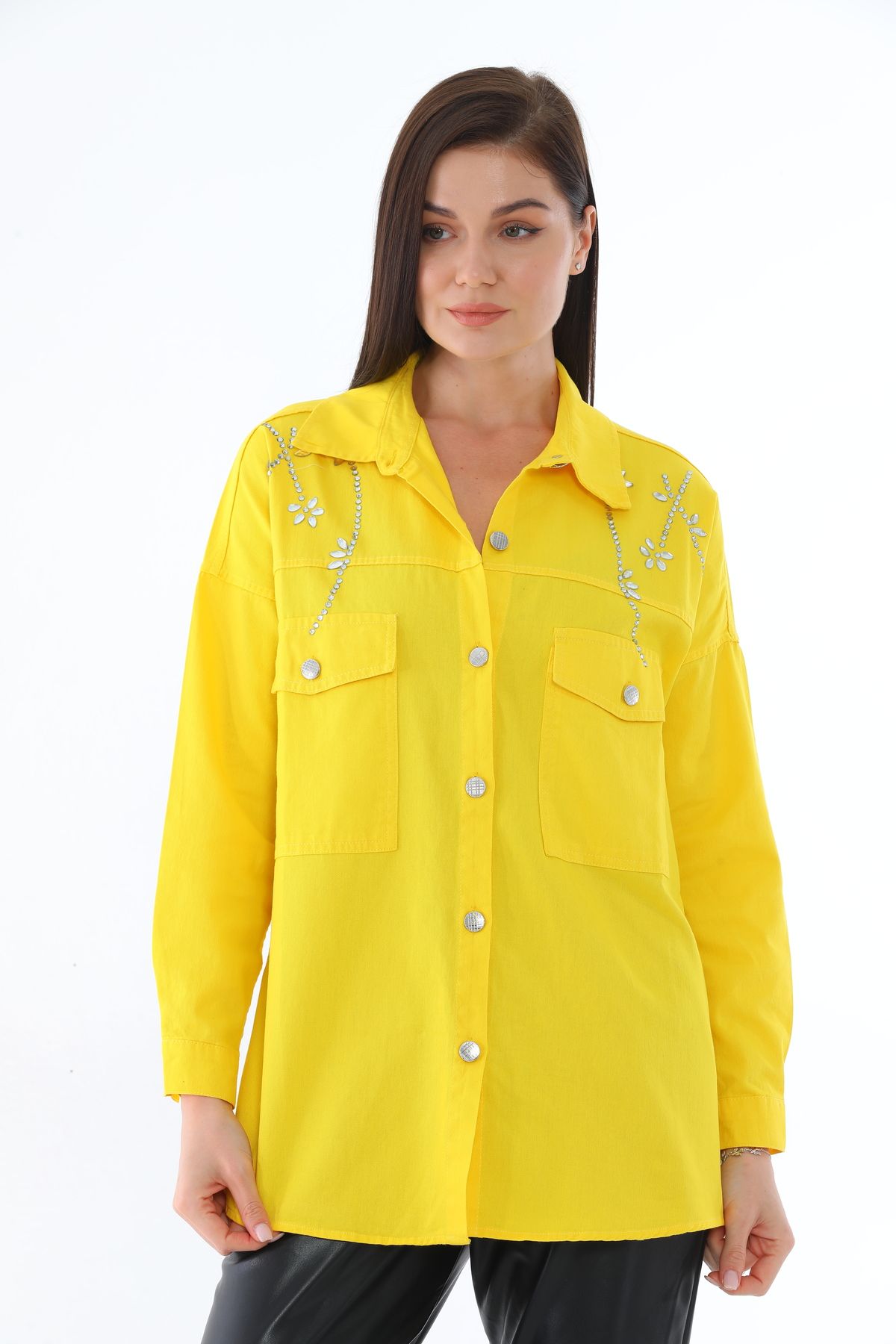 Taşlı Gümüş Düğmeli Iki Cepli Gömlek - 0247 - Görsel 19